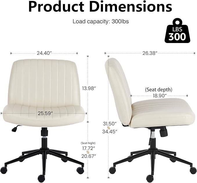 OLIXIS Criss Cross Chair with Wheels, Vanity Chair, Home Office Desk | Wide Seat Armless, Faux Leather, Height Adjustable Swivel Rolling, Home Computer Task Seating for Bedroom Study, Beige PU - Image 2