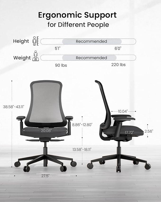 ProtoArc Flexer Ergonomic Office Chair for Women, Black | Foam Sliding Seat, Airflow Mesh Back, Hair-proof Casters, Easy Assembly, Fits 5'1"-6'0", Sleek Minimalist, for Small Spaces - Image 2