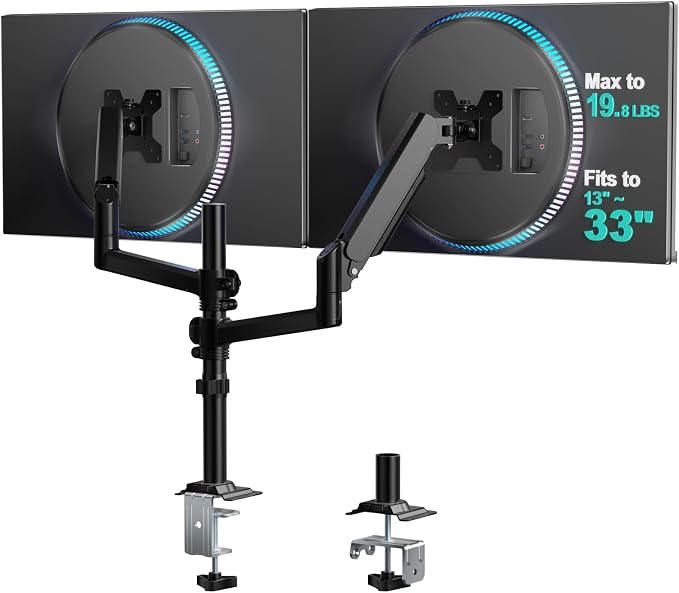 WALI Tall Dual Monitor Desk Mount for 13-33 inch Screens, 19.8 lbs per Arm | Dual Monitor Arms for 2 Monitors, Full Motion with Tilt, Swivel, Rotation, C-Clamp & Grommet, VESA 75/100mm (GSDM002), Black by WALI