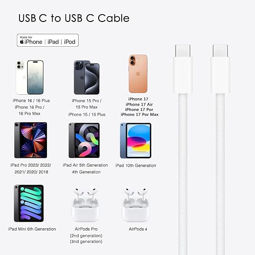 5FT USB C to USB C Woven Cable for iPhone 15/16/17, 16/15 Pro Max, Plus, 17E/16E,Air Car Carplay Charger Cord, AirPods 4,AirPods Pro (2nd/3rd Gen) Fast Charging Cable, iPad Pro/ iPad Air Charger Cable - Image 4