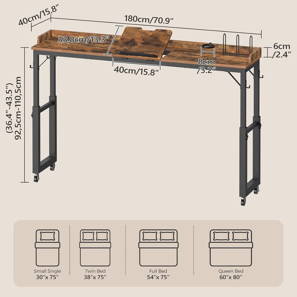 MAHANCRIS Overbed Table with Wheels, Mobile Bed Desk for Queen Size, Rustic - Image 2