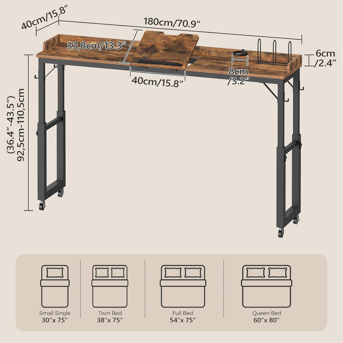 MAHANCRIS Overbed Table with Wheels, Mobile Bed Desk for Queen Size, Rustic - Image 2