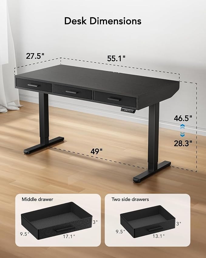 HUANUO Electric Standing Desk with Drawers, C-Clamp Mount Compatible, 55 x 28 Inch Height Adjustable Sit Stand Desk, Fabric Drawers, Home Office Stand Up Desk with 4 Custom Height Settings, Black - Image 3