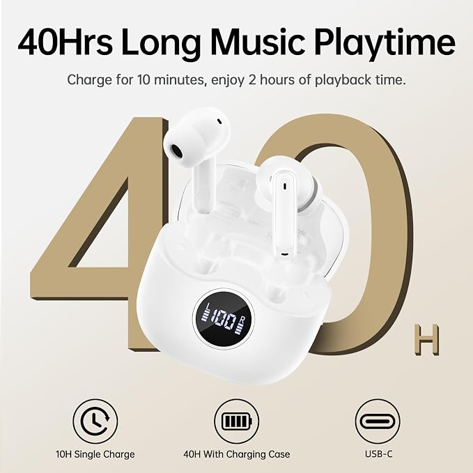 xinwld Adaptive Hybrid Active Noise Canceling 2026 Wireless Earbuds, 6 Mics ENC Clear Call Ear Buds, Hi-Res Audio Deep Bass Bluetooth 5.4 Headphones, 40H, LED, for Sports Running Gym Workout, White - Image 3