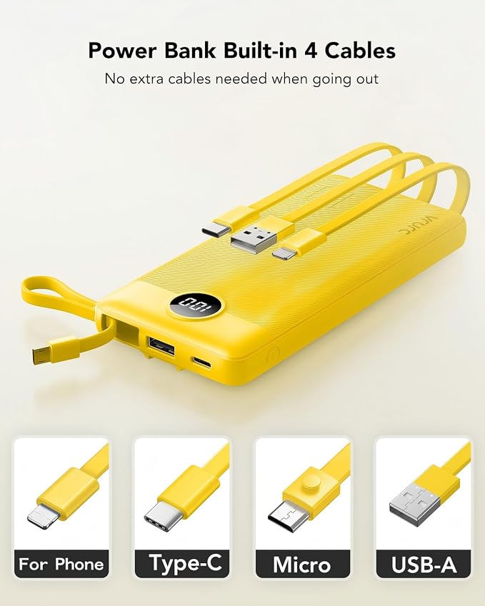VRURC Portable Charger Power Bank, Built-in 4 Cables & 2 Ports 10000mAh | LED Display Slim Battery Pack,Compact Travel Essential Portable Phone Charger 5 Output for Multi Devices,Student/Teens(1Pack) - Image 2
