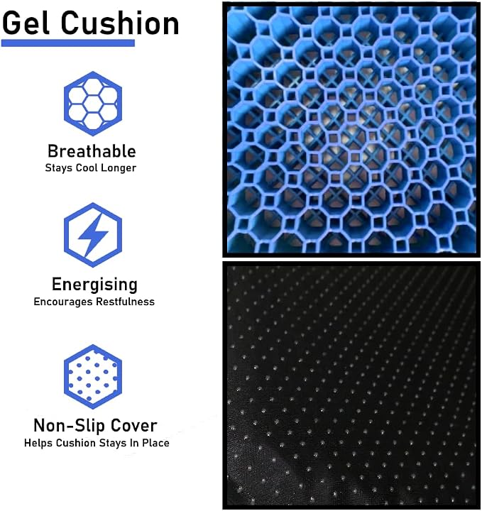 Blue Gel TPU Seat Cushion — Contoured Honeycomb Cooling Gel Cushion for Long Sitting, Pressure Relief for Tailbone & Sciatica, Non-Slip Washable Cover — 15.35 x 12.6 in - Image 2