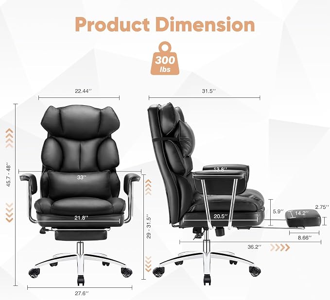 Sweetcrispy Executive Home Office Chair, Ergonomic Desk Chair | Big Tall High Back, Lumbar Support, Reclining Height Adjustable, PU Leather, Computer Gaming, Footrest Swivel Wheels, Black - Image 3