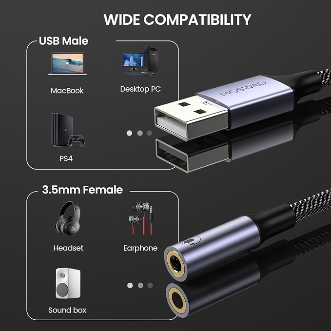 MOSWAG USB to 3.5mm Jack Audio Adapter,USB to Aux Cable with TRRS 4-Pole Mic-Supported Headphone AUX Adapter External Sound Card for PC PS4 PS5 and More (0.65Ft/20cm(3pack), Nylon Braided) - Image 2