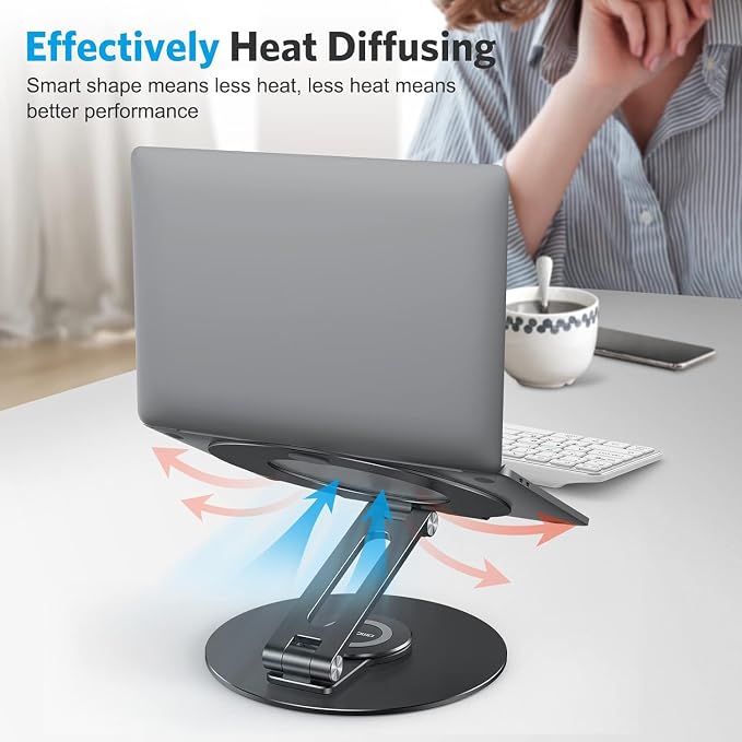OMOTON Adjustable Laptop Stand for Desk 360° Rotating Base up to 17" Black | Ergonomic Laptop Rise for Collaborative Work, Foldable Dual Shaft for Easy Storage, Fits for MacBook/Dell/HP - Image 9