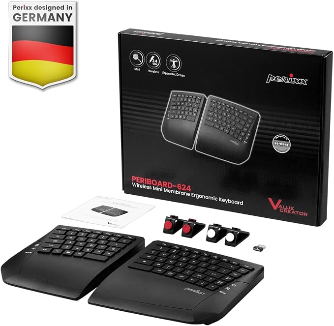 Perixx PERIBOARD-624B US, Wireless Ergonomic Split Keyboard - Up 30 Ft Separation - Adjustable Tilt Angle - Low Profile Membrane Keys - Black - US English - Image 7