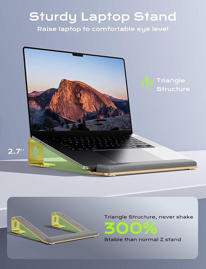 JCZT Aluminum Laptop Stand, Laptop Riser with Wrist Rest, Gold | Ergonomic Detachable Portable Laptop Stand for Desk, Notebook Holder Compatible with MacBook Air Pro, All 10-17'' Laptops - Image 3