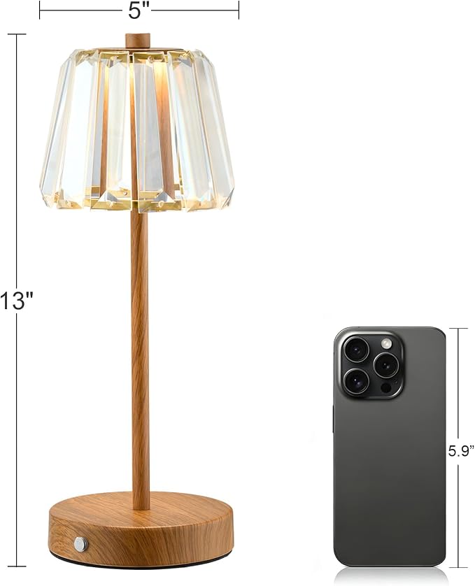 13" Small Crystal Cordless Table Lamp, Touch Rechargeable Desk Lamps | 3 Color Temps, Stepless Dimming, Wood Grain Portable Battery Operated LED Desk Lamps for Bedside, Nightstand, Kitchen, Patio - Image 7