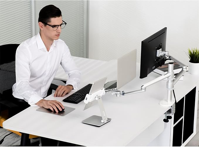 Viozon Monitor and Laptop Mount, 2-in-1 Adjustable Dual Arm Desk Mounts Single Desk Arm Stand/Holder for 17 to 32 Inch LCD Computer Screens, Extra Tray Fits 12 to 17 inch Laptops (Silver) - Image 2