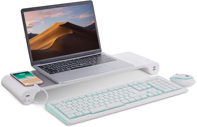 PG Silver Monitor Stand Riser with 4-Port USB Charging ports, Convenient keyboard organiser,Desktop Organizer for Computer, Laptop, TV, Printer - Ergonomic Keyboard Tray & Storage Shelf. - Image 5
