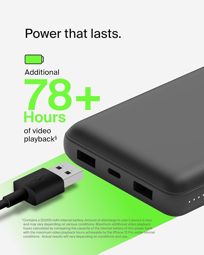 Belkin 20000mAh 15W 3 Port Power Bank, USB A to USB C Cable Included | Fast Charging, iPhone 17, Samsung Galaxy, Pixel, Airpods, iPad, Nintendo Switch 2, Battery Pack, USB C Port, USB A Port - Image 6