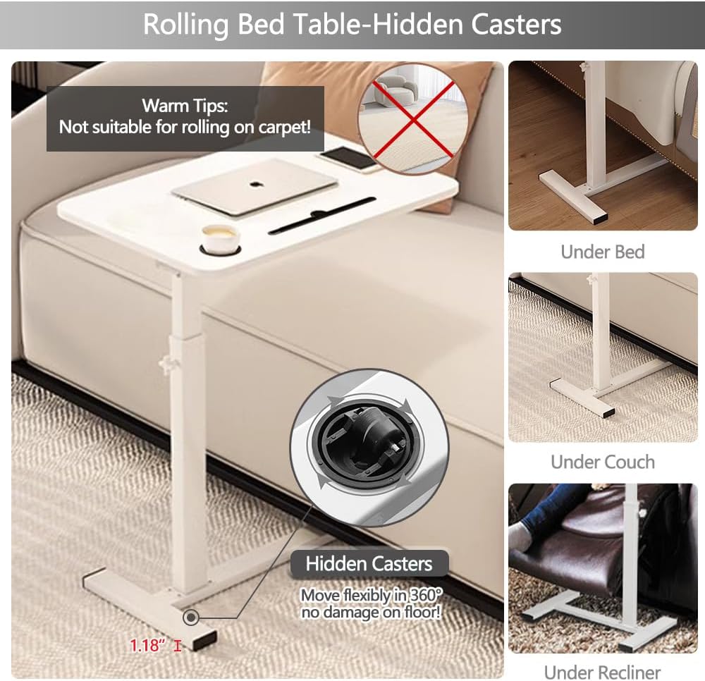 Over the Bed Table with Hidden Wheels,Height Adjustable Bedside Table Tray - Image 4