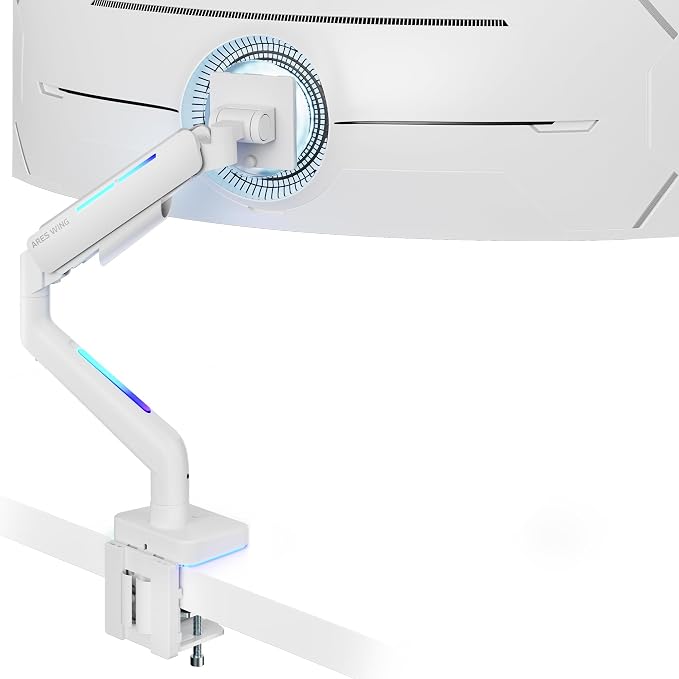 ARES WING Ultrawide Monitor arm with RGB for 17-49 Inch Screen, White | Heavy Duty Gas Spring Single Monitor Arm, Adjustable Gaming Computer Monitor Arm for Desk up to 44lbs by ARESWING