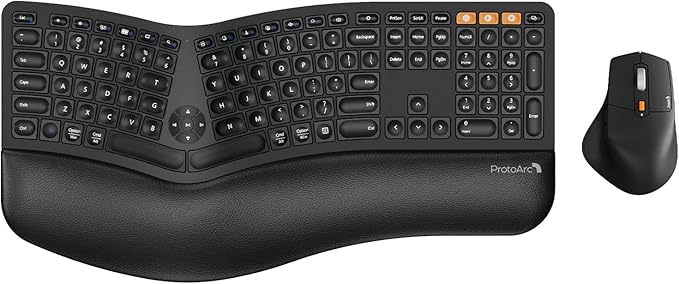 ProtoArc EKM01 Plus Wireless Ergonomic Keyboard Mouse Combo - Black | Full-size Split Keyboard with Cushioned Wrist Rest, Ergonomic Mouse, 3-Device Bluetooth/2.4G, USB-C Rechargeable by ProtoArc