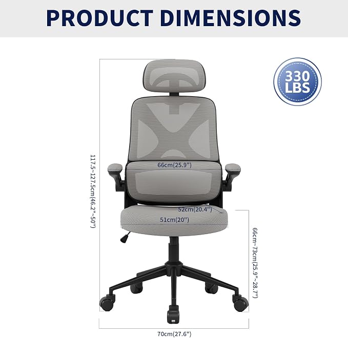 Ergonomic Office Chair - Desk Chair with Adjustable Headrest Lumbar Support Computer Chair - Mesh Comfy Chair with Flip-up Armrests - Gaming Chairs for Adults Home Office 330 LBS (Black+Gray) - Image 3