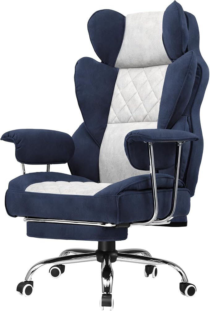 GTPLAYER Gaming Chair,Office Chair with Pocket Spring Lumbar Support, Ergonomic Comfortable Wide Office Desk Computer Chair with Outward Fixed Soft Armrests and Footrest (Fabric, Dark Blue & White) by GTPLAYER