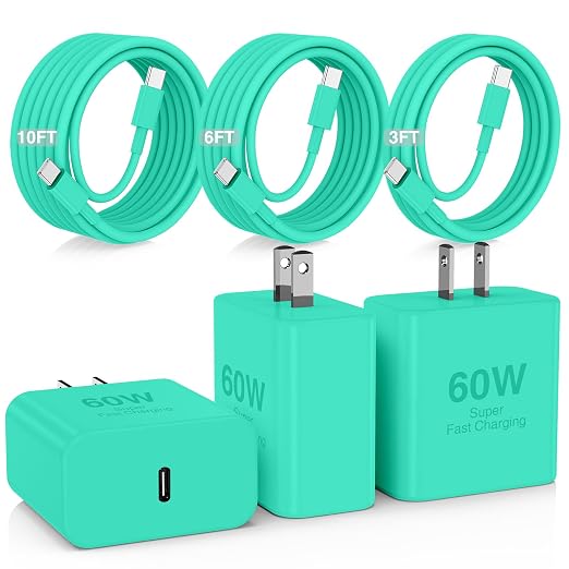 60W USB C Quick Wall Charger Block for Galaxy S26 Android Phones, 3Pack Super Fast Charger Adapter with Bulk 3/6/10FT Long USB C Charging Cable Cords for Samsung Galaxy S26+/S25/S24/S23 Ultra by Hzevn