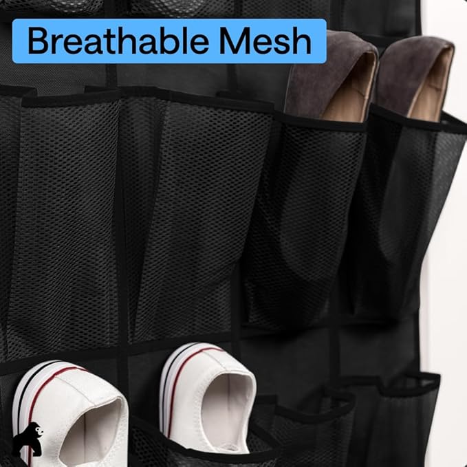 GORILLA GRIP Over the Door Shoe Organizer, 12 Large Pockets, Black | Breathable Mesh Pocket, Space Saving Hanging Storage Holder, Closet Rack Hanger for Shoes, Pantry and Bathroom Accessories - Image 5