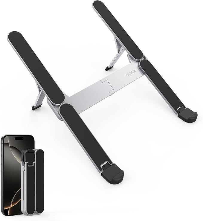 【Innovative & Ultra Compact】SODI Foldable Laptop Stand for Desk, Lightweight Portable Tablet Holder for Business Travel, Cafe, 6 Level Height Adjust Computer Holder for MacBook, Tablet 10-16", Silver by SODI