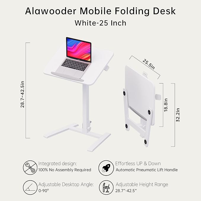 25" Mobile Folding Desk: Pneumatic Sit-Stand, No Assembly | 29-42" Height Adjustable Rolling Laptop Desk, Hidden Wheels, 0-90° Tilt Top. Ideal for Home Office, Craft & Study. - Image 3