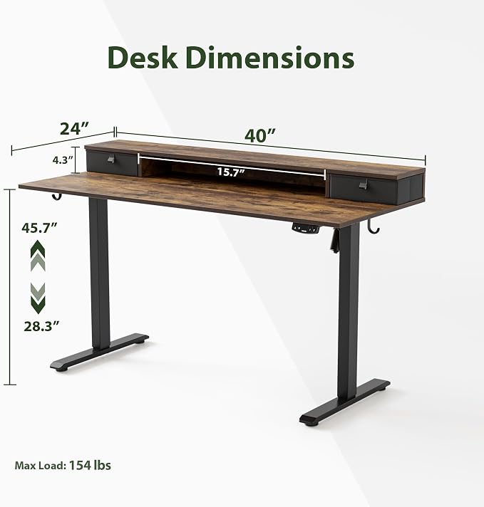 Agilestic 40 * 24 Inch Electric Standing Desk with Drawers, Rustic Brown | Electric Height Adjustable, 2 Storage Drawer, Monitor Stand, Sturdy Steel Frame, Memory Presets, Hooks, 154 lbs, Splice Board - Image 3