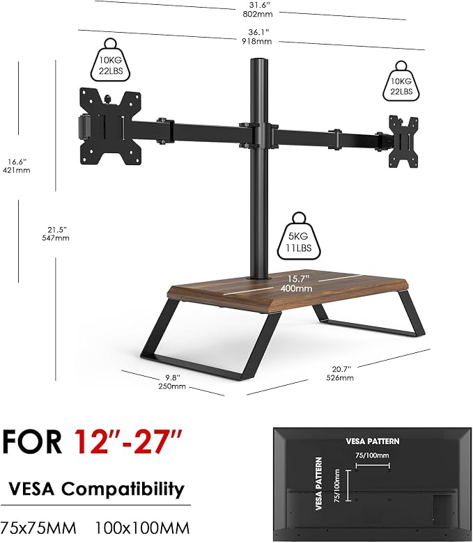 Dual Monitor Stand Riser for 12-27 Inch Computer Screens, Freestanding Double Monitor Stand for Desk, Adjustable Dual Monitor Mount Each Arm Hold up to 22lbs, VESA 75x75/100x100mm - Image 7