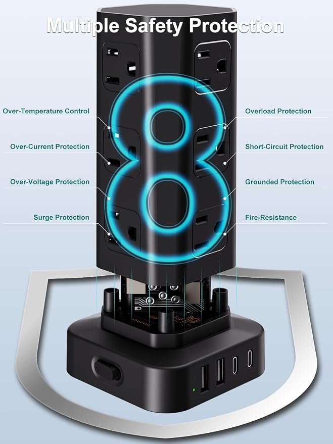 Power Strip Tower Surge Protector, 10FT Flat Plug Extension Cord with Multiple Outlets, 12 AC Outlets 4 USB (2 USB C), Desktop Surge Protection Tower for Home Office Dorm Room, Black - Image 6