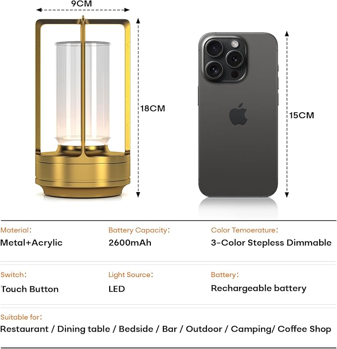 Rechargeable Cordless Small Metal Table Lamp, Stepless Dimming, 3-Color | Gold, 2600mAh Battery, Portable LED Desk Light, Cute, Suitable for Indoor/Outdoor/Restaurant/Bedroom/Bar/Coffee/Camping - Image 5