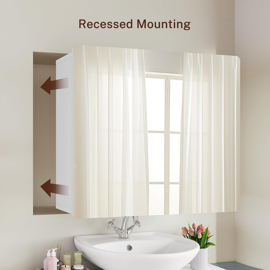 Medicine Cabinet Mirror with 2 Doors, Mount or Recessed Bathroom Wall Cabinet, Bathroom Mirror with Storage 3 Adjustable Shelves, White, 27.6 x 22.1 inch - Image 7