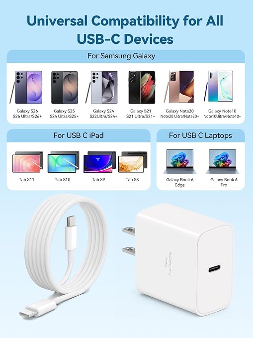 60W for Samsung Charger, Super USB C Fast Android Phone Charger 2Pack Cords | Type C Fast Charging Block with 6FT USB-C to USB C Cable Cords for Samsung Galaxy S26/S26 Ultra/S26+/S25Ultra/S25/S24/S23/S22 - Image 6