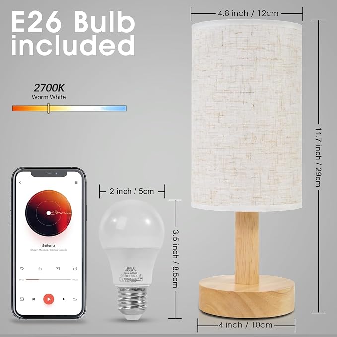 Small Bedside Table Lamps for Bedroom Set of 2,Natural Round Wood Base&Fabric Linen Shade,Cozy Night Light for Study Reading,Minimalist Boho Desk Lamp for Nightstand,Living Room,Nursery,Kitchen,Dorm - Image 4