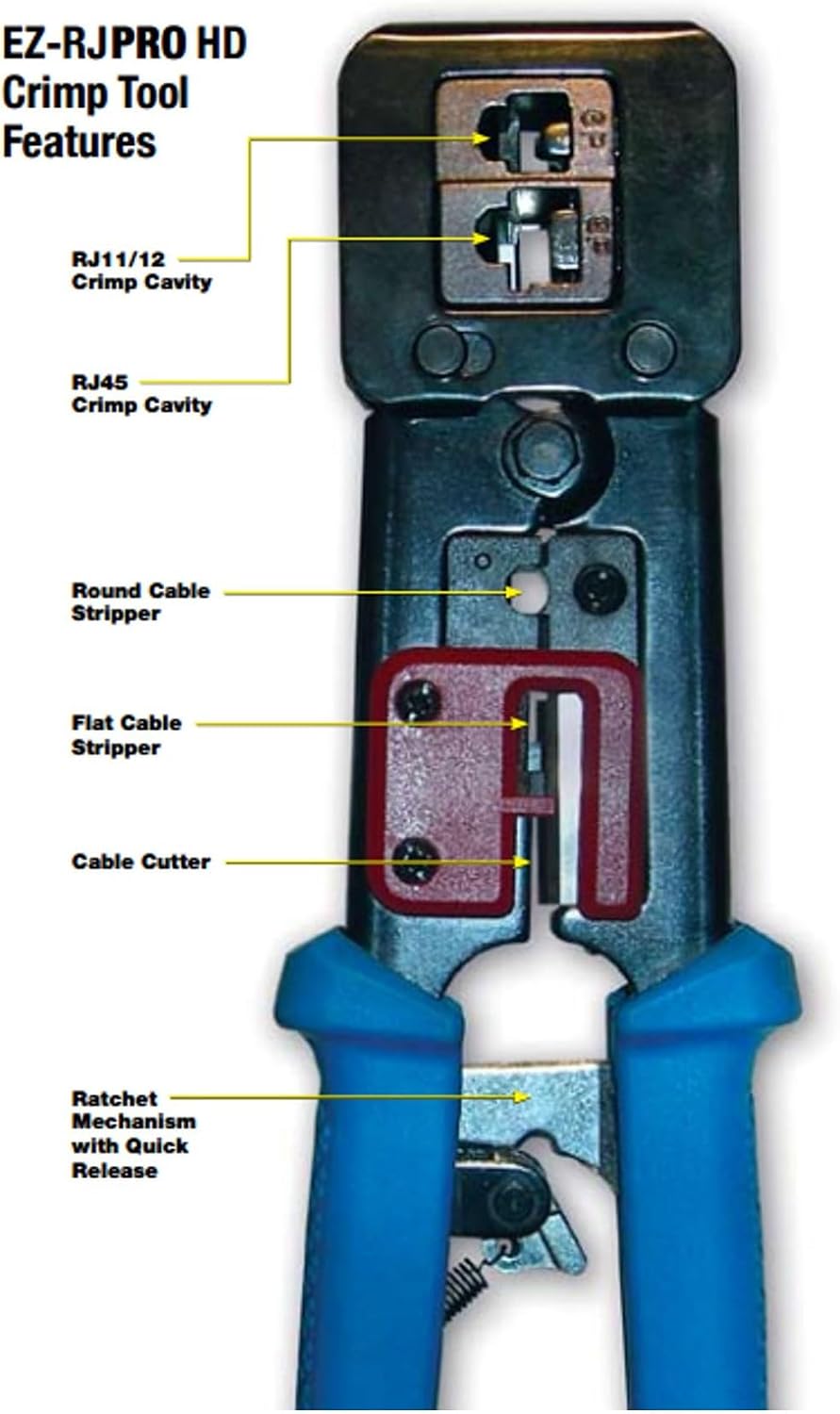 Platinum Tools 100054C EZ-RJPRO HD Crimp Tool for EZ-RJ45 Pass-Through Connectors, Larger-OD Cable, Heavy-Duty Ratcheting Zero-Flex Frame, 360-Degree Die - Image 6