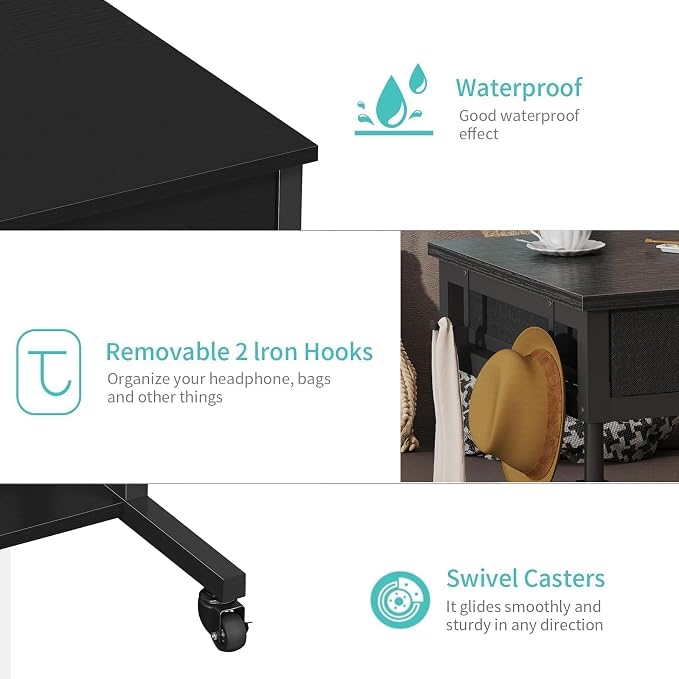 Small Portable Rolling Standing Desk - 32 Inch Adjustable Mobile Stand Up Gaming Desks with 2 Fabric Drawers on Wheels, Couch Sofa Side Laptop Table with Storage for Home Office, Black - Image 9