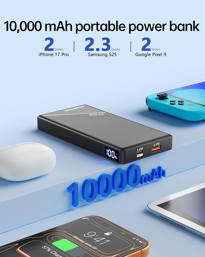GENSROCK 5V 2A/3A Portable Power Bank 10000mAh, Slim Travel Power Bank | Dual USB | PD 22.5W Fast Charging | LED Display | Slim | Travel | Compatible with iPhone and Android | Flight-Safe | Black - Image 4