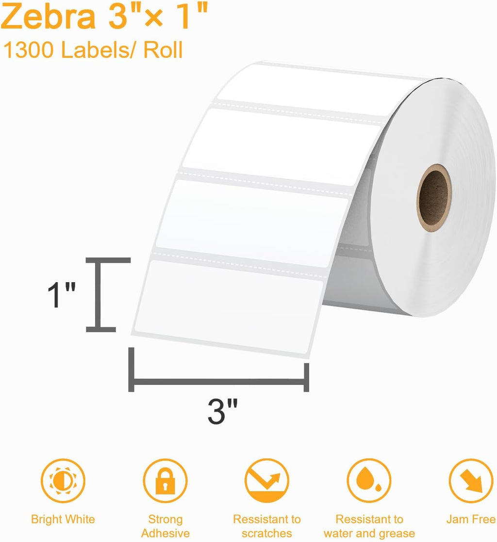 (15600 Labels/12 Rolls) Labelebal 3-Proof 1" Core 12 Rolls 3" x 1" Inch Direct Thermal Labels & Stickers,Address Shipping Labels Compatible with Rollo & Zebra Desktop Printers Adhesive - Image 3