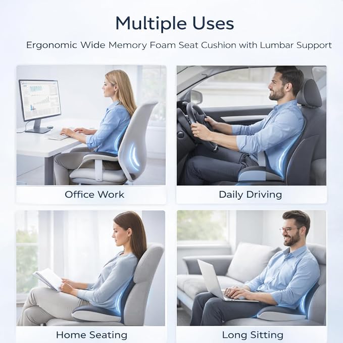 MOYEE Wide Memory Foam Seat Cushion with Lumbar Support for Office Chair & Car Seat, Ergonomic Design for Long Sitting, Gradual Relief & Lasting Support for Back, Tailbone & Sciatica Pain - Image 7