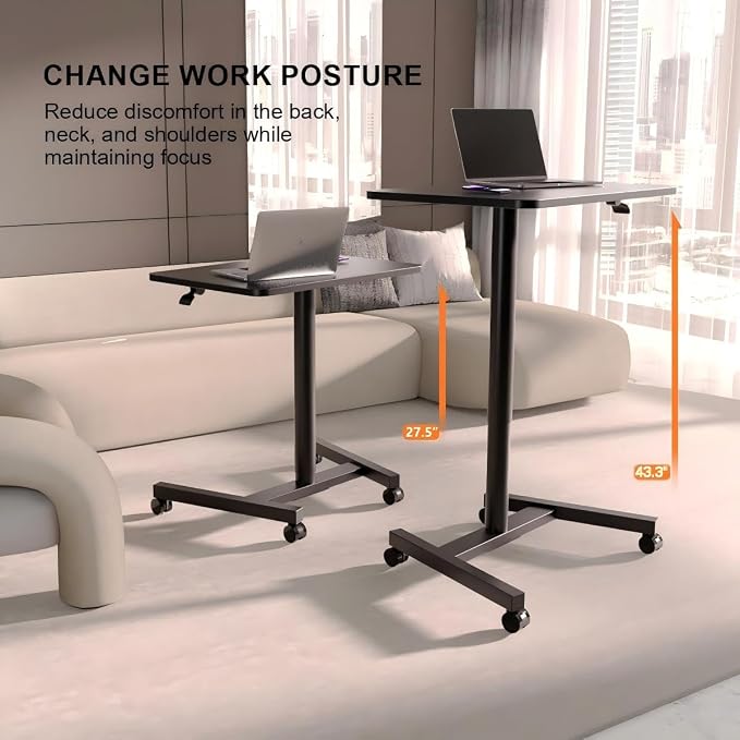 28-Inch Mobile Standing Desk, Adjustable Computer Desk, Portable Standing Desk with Lockable Wheels, Rolling Table for Home Office Classroom Hospital (Jet - Black) - Image 5