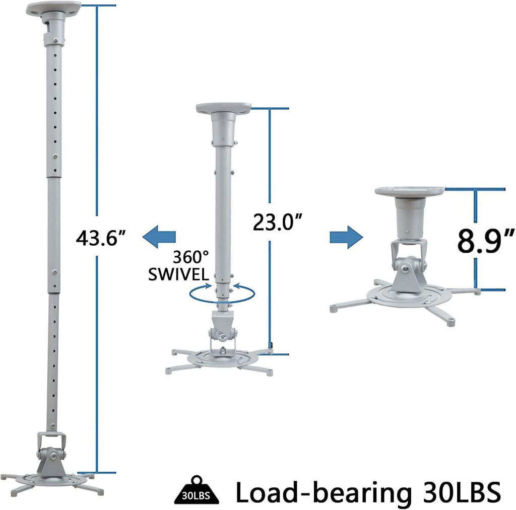 Ceiling Projector Mount Bracket with Adjustable Extendable Arms, Rotating Swivel Tilt for Home and Office Projectors (Extendable-Silver) - Image 4