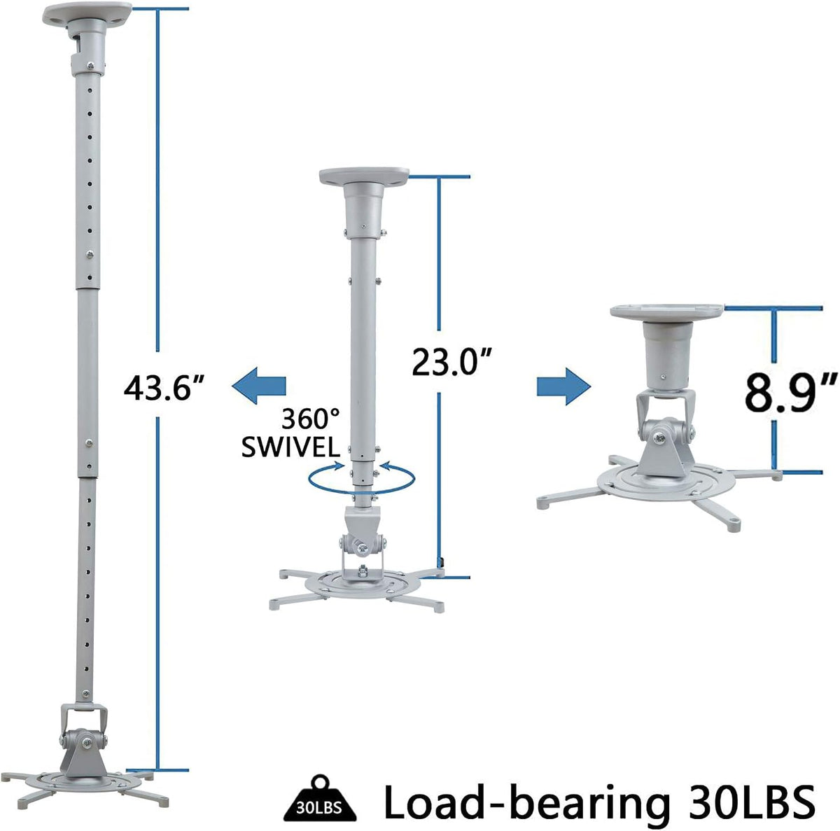 Ceiling Projector Mount Bracket with Adjustable Extendable Arms, Rotating Swivel Tilt for Home and Office Projectors (Extendable-Silver) - Image 4