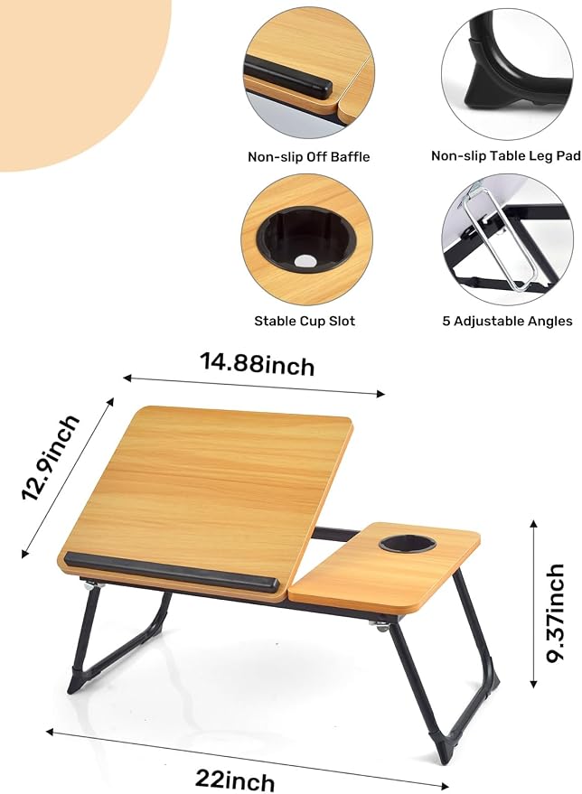 Lap Desk for Couch/Sofa/Floor, 5-Angle Adjustable Bed Desk with Foldable Legs &Cup Holder, Light Weight Bed Tray Table for Writing/Eating/Reading, Portable Laptop Stand for Adults, Kids - Image 3