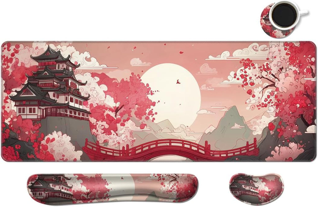 Desk Mat, Large Gaming Mouse Pad with Wrist Rest, 4 in1 XXL Mouse pad+Keyboard Wrist Rest+Mouse Pad Wrist Support+Cup Coaster Set, Ergonomic Desk Pad for Home Office, Japanese Sunrise by MIBITRI