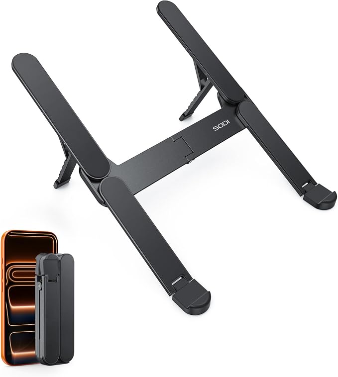 Ultra Compact Foldable Laptop Stand - Portable Laptop Holder for Desk & Travel Use, Ergonomic Aluminum Computer Holder with Adjustable Height for MacBook, Tablet 10-16" (Dark Black, Bi-Fold) by SODI