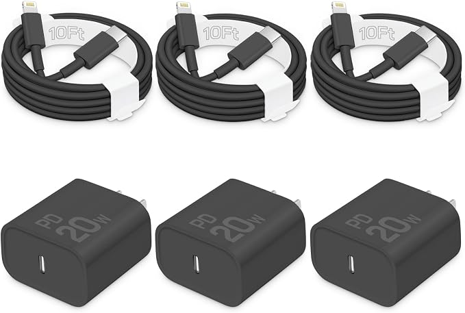 20W Fast Charger for iPhone 14/13/12 [3-Pack, MFi Certified] | USB-C PD power adapter with 10Ft cable, compatible with iPhone 14/13/12/11/Pro Max/Pro/Plus/Mini, iPad & more - Black by CXX