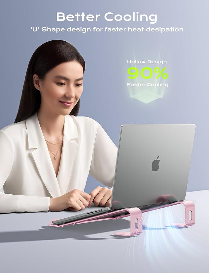 JCZT Aluminum Laptop Stand, Laptop Riser with Wrist Rest, Pink | Ergonomic Detachable Portable Laptop Stand for Desk, Notebook Holder Compatible with MacBook Air Pro, All 10-17'' Laptops - Image 4