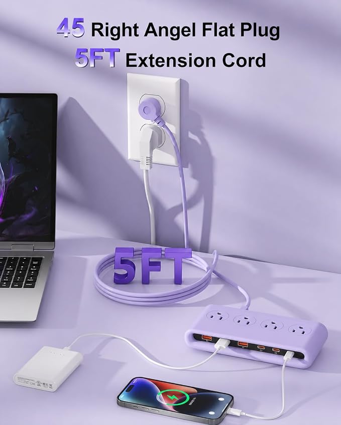 Power Strip with USB Port - 4AC & 6 USB(3USB C), Outlet Extender 5FT | Flat Plug Extension Cord with Multiple Outlets, PD20W Bedside Charging Station for Multiple Devices - Travel Home Office - Image 6