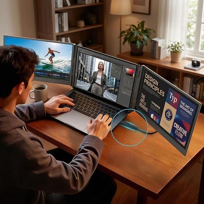APILDELLA 15.6'' Triple Laptop Screen Extender One Cable Connection, 1080P FHD Laptop Extended Monitor Portable with Speaker, Ultra-Slim Travel Monitor for 13-17.3" Laptops, Work with Mac, Window - Image 3